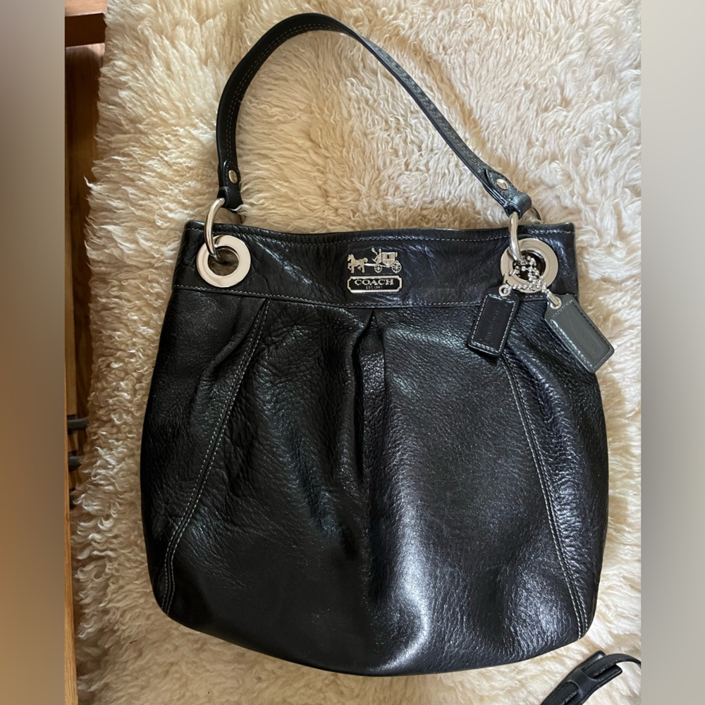 Coach Madison Black Pleated Leather Hobo with silver hardware